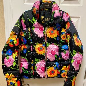 Women's Floral Puffer Jacket - Black and Pink